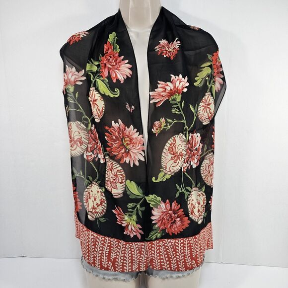 Talbots 100% Silk Black Floral Lantern Print Scarf 60" Asian Inspired Sheer Wrap - Picture 1 of 5